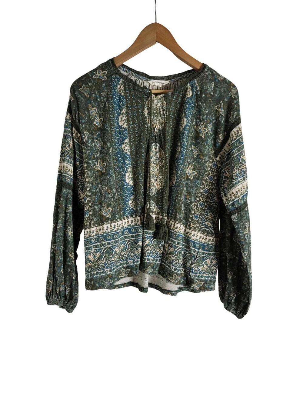 Lucky Brand Bohemian Blouse Green Blue Paisley Pattern Long Sleeve Size Medium